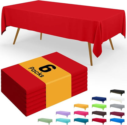 Smiry Disposable Table Cloth - 6 Pack, 54 x 72 Inch Waterproof Rectangle Tablecloths for Parties, Decorative Plastic Table Cover, Leakproof & Sturdy, Red