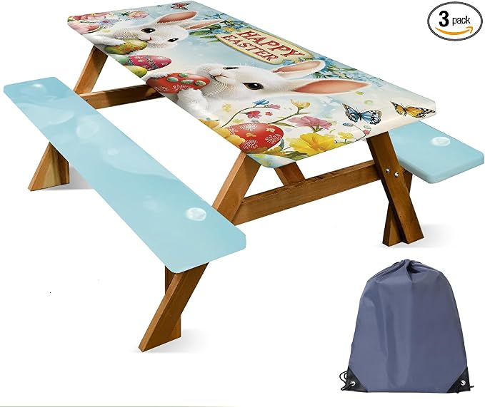 ANNA QUEEN Easter Garden 6FT Picnic Table Cover with Bench Covers Set of 3 with Drawstring Bag, Bunny Eggs Flowers 72"x30" Waterproof Picnic Tablecloth & Bench Covers for Outdoor Dining