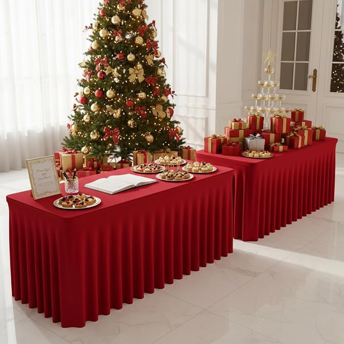 2 Pack Red Tablecloths Spandex Table Covers 4ft for Christmas Decor | Ruffle Design, Elastic Table Covers, Holiday Essentials, Table Cloths For 4 Foot Rectangle Table,Wrinkle Resistant