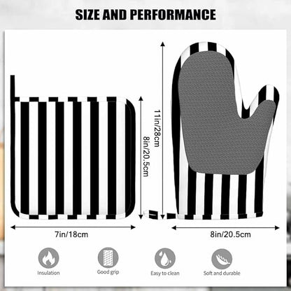 Mxocom Vertical Black Strip Oven Mitts and Pot Holders Sets Black White Silicone Heat Resistant Kitchen Oven Gloves Pot Holder for Cooking