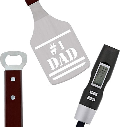Panoware BBQ Grill Tools Set for Dad, 4 Piece Set, Number 1 Dad Tongs, Spatula, Digital Thermometer and Case