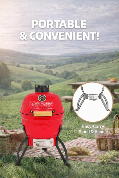 13-in W Kamado Grill with Built-in Thermometer, Oval Grill with Cast Iron Grates, Bamboo handle, Portable Ceramic Grills with Low Stand for Backyard, Patio, Deck grilling, Red