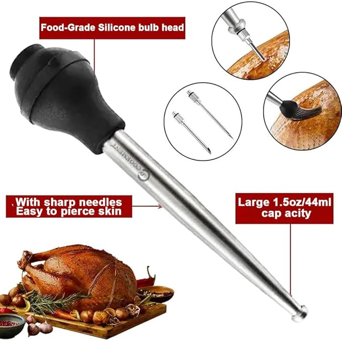 Turkey Baster, Professional Turkey Baster Syringe for Cooking with Cleaning Brush and Marinade Tools, Stainless Steel Turkey Baster for Oiling and Marinating Turkey, Beef, Pork, Fish