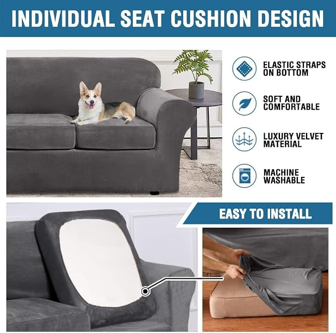 H.VERSAILTEX High Stretch Sofa Slipcover 4 Piece Cover Velvet Furniture Protector Form Fit Thick Velvet Extra Large Sofa Cover for 3 Cushion Couch Width Up to 97 Inch (Large Sofa, Grey)