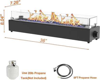 36-inch Table Top Propane Fire Pit, 40,000 BTU Tabletop Firepit for Patio, Outdoor Portable Rectangular Fire Bowl w/Wind Glass Shield, Glass Rocks - Black