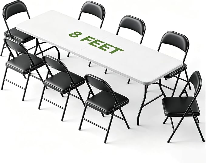 Folding Dining Table Set for 8, 8FT Foldable Plastic Table with Carrying Handle & 8 PU Leather Padded Folding Chairs, Portable Table and Chairs Set for Indoor Outdoor, Party, Wedding, Picnic, Camping