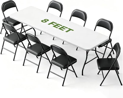 Folding Dining Table Set for 8, 8FT Foldable Plastic Table with Carrying Handle & 8 PU Leather Padded Folding Chairs, Portable Table and Chairs Set for Indoor Outdoor, Party, Wedding, Picnic, Camping