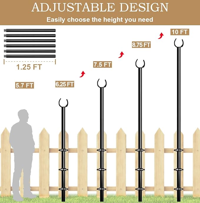 10ft String Light Poles for Outdoors, Outside Light Poles for Deck, Fence, Backyard, Patio, Outdoor Lighting, Matte Black, 1 Pack