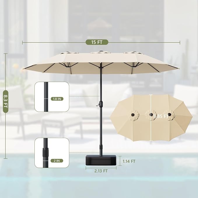15FT Double-Sided Patio Umbrella, Outdoor Market Umbrella with Base