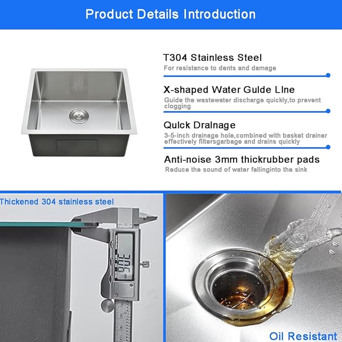 18 x 19 Inch Undermount Kitchen Bar Sink, Handmade Single Bowl 304 Stainless Steel Wet RV Sinks, Indoor and Outdoor Deep Kitchen Laundry Basin with Accessories
