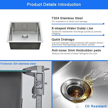 18 x 19 Inch Undermount Kitchen Bar Sink, Handmade Single Bowl 304 Stainless Steel Wet RV Sinks, Indoor and Outdoor Deep Kitchen Laundry Basin with Accessories