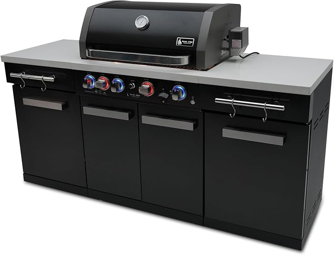Mont Alpi 70"W x 24"D x 46"H Black Stainless Steel Outdoor Kitchen Island + 32"W 4-Burner BBQ Gas Grill with Infrared Burner + Storage Cabinets + White Granite Countertops + Natural Gas Conversion Kit