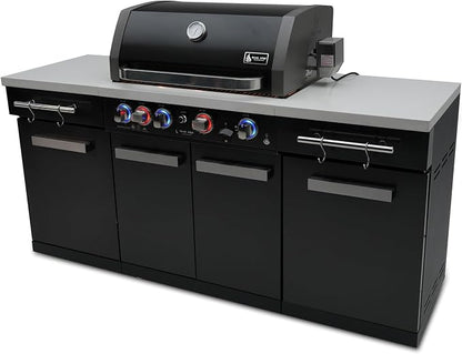 Mont Alpi 70"W x 24"D x 46"H Black Stainless Steel Outdoor Kitchen Island + 32"W 4-Burner BBQ Gas Grill with Infrared Burner + Storage Cabinets + White Granite Countertops + Natural Gas Conversion Kit