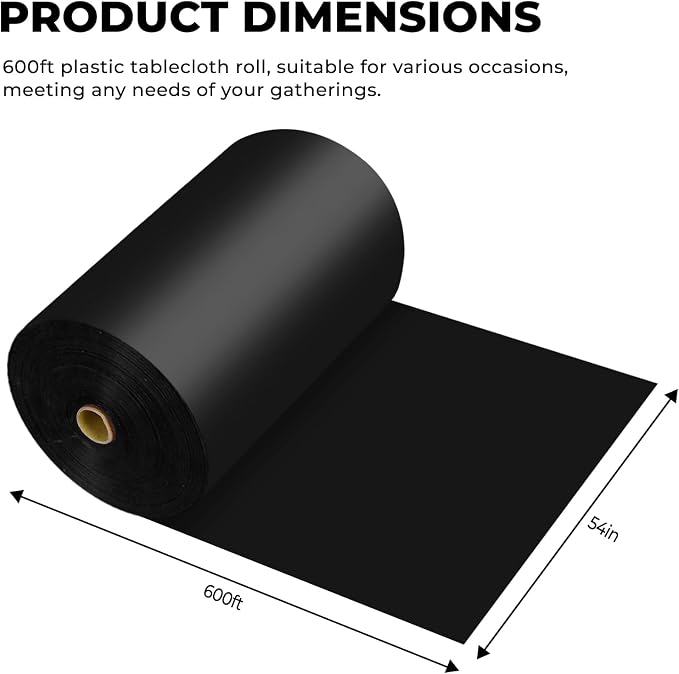 54 Inch X 600 Feet Plastic Table Cover Roll Premium Disposable Plastic Tablecloth for All Type/Shape Tables | Picnic, Party, Banquet, Birthdays, Weddings (Black, 54 Inch X 600 Feet)
