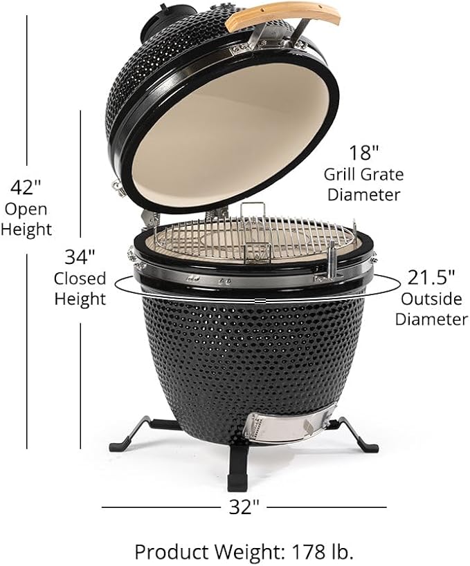 Ash & Ember 18" Kamado Grill Kit, 265 Sq In Cooking Space, Built-In Thermometer Airflow Vent, Heat Deflector, Charcoal Plate, Clip Tool, Protective Cover, Ash Drawer Ash Tool