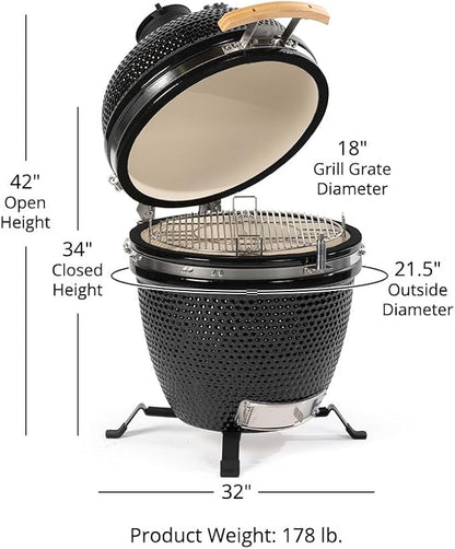 Ash & Ember 18" Kamado Grill Kit, 265 Sq In Cooking Space, Built-In Thermometer Airflow Vent, Heat Deflector, Charcoal Plate, Clip Tool, Protective Cover, Ash Drawer Ash Tool