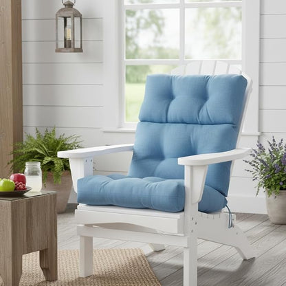 Outdoor Tufted High-Back Chair Cushions, One-Piece Hinged Seat and Back Design, Reversible with 4 Ties, Durable Polyester Fabric, Recycled Fiber Fill - Single, Denim