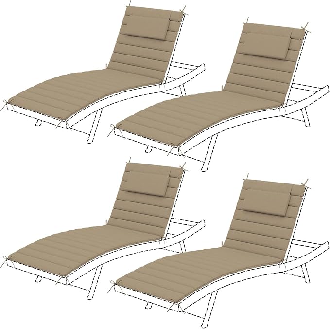 Sundale Outdoor Olefin Quilted Lounge Cushion Set of 4, Patio Foldable Chaise Lounger Cushion, Water-Resistant Lounge Chair Pad with Straps Khaki, 80 x 26 inches