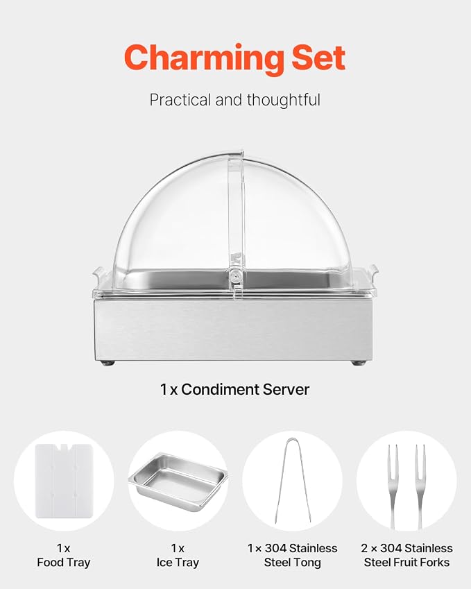 VEVOR Countertop Food Serving Display Container, 1 x 1/2 Pan Stainless Steel Food Serving Tray, Buffet Condiment Dispenser Display Rack with Clear Lid & Ice Tray, for Restaurant Hotel Kitchen Party