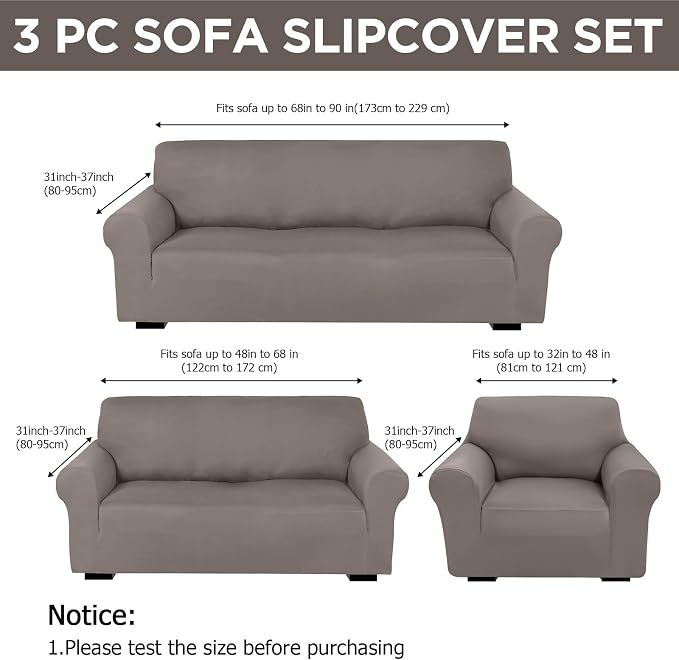 Peryiter 3 Pcs Couch and Loveseat Sofa Covers,Taupe,Milk Silk | Armchair Covers for Living Room, Sofa Cushion Slipcover, Furniture Protector, Polyester and Spandex, Washable
