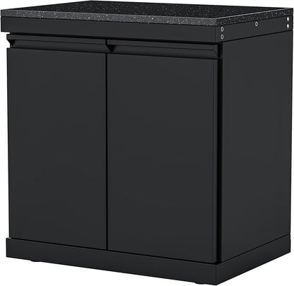 Black Stainless Steel Outdoor Double Door Empty Cabinet, Black Galaxy Granite Countertop, Storage Module for Grill Island, Patio BBQ Station, No Shelves