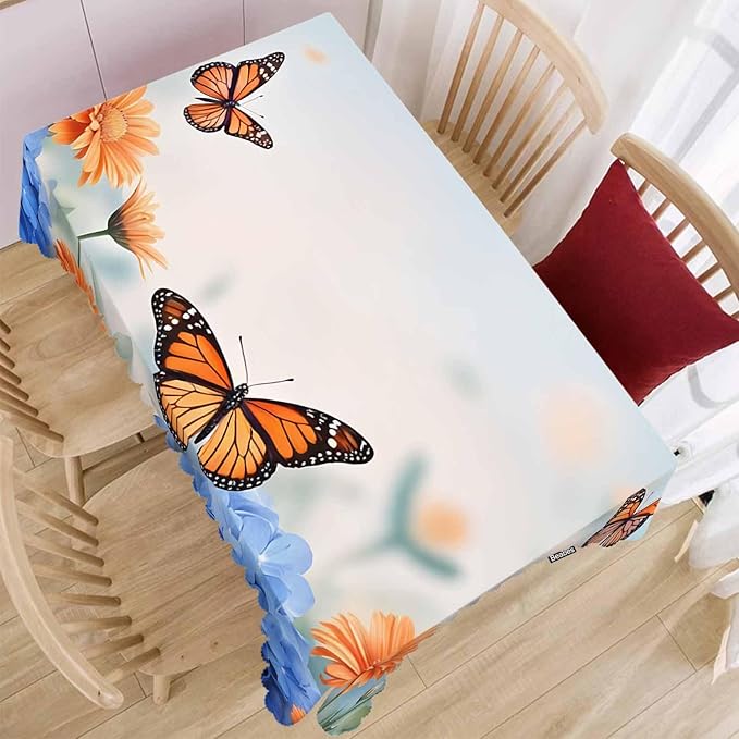 Decorative Rectangle Tablecloth 52"X70" Butterflies, Floral Daisies Butterfly Wrinkle Free Table Cover Picnic Table Cloths for Parties Weddings Kitchen Tablecloth, Blue