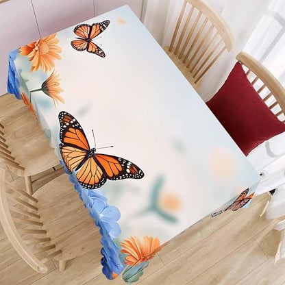 Decorative Rectangle Tablecloth 52"X70" Butterflies, Floral Daisies Butterfly Wrinkle Free Table Cover Picnic Table Cloths for Parties Weddings Kitchen Tablecloth, Blue