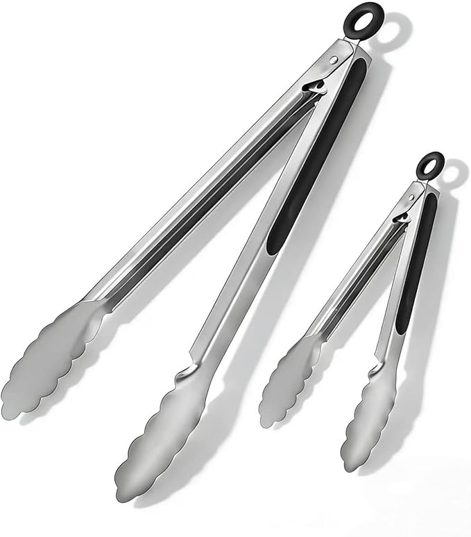 Stainless Steel Grill Tongs Set, 12" & 16" Locking BBQ Tongs, Heat Resistant Metal Food Tongs for Cooking Grilling Buffet & Kitchen