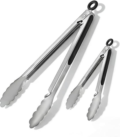 Stainless Steel Grill Tongs Set, 12" & 16" Locking BBQ Tongs, Heat Resistant Metal Food Tongs for Cooking Grilling Buffet & Kitchen