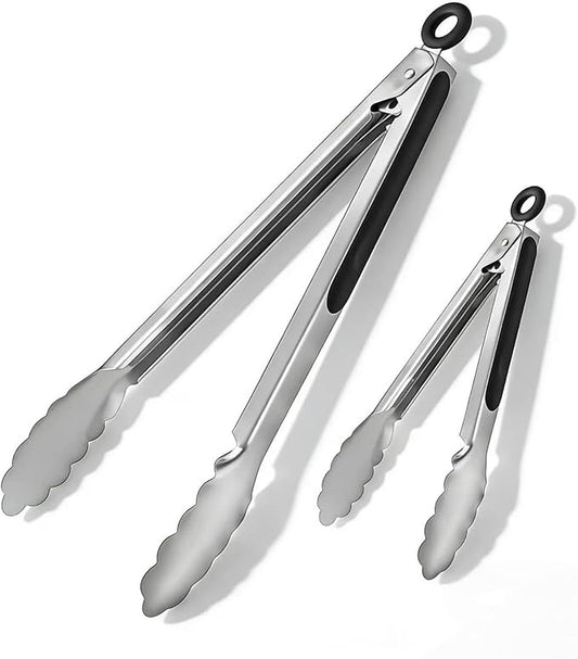 Stainless Steel Grill Tongs Set, 12" & 16" Locking BBQ Tongs, Heat Resistant Metal Food Tongs for Cooking Grilling Buffet & Kitchen