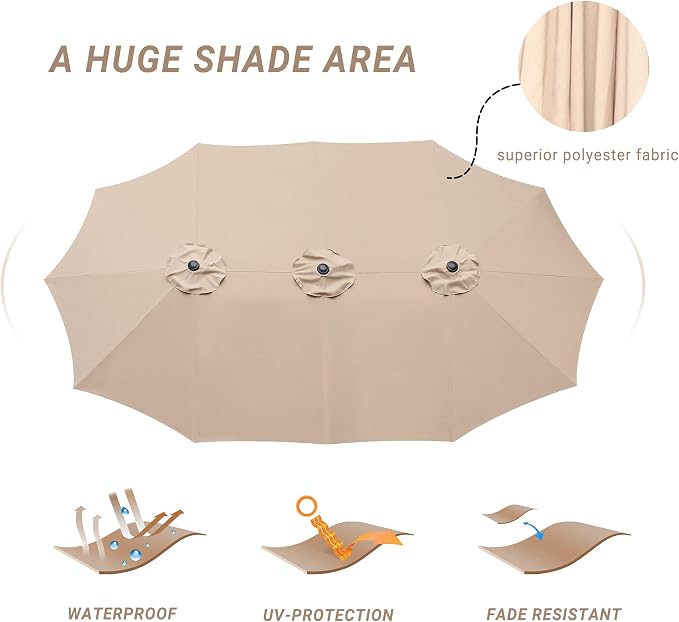 15ft Patio Umbrella with Base, 10-Year-No-Fade Large Outdoor Double-Sided Market Umbrella with UPF50+Terylene Polyester Fabric and Crank for Poolside Garden Deck Backyard Beach Pools