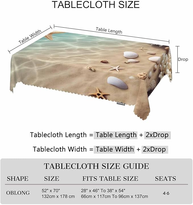 Starfish Dinner Table Cloths Tropical Ocean Beach Starfish Seashell Decorative Tablecloth for Rectangle Tables 52"X70", Heavy Duty Table Covers for Kitchen Patio Banquet Blue