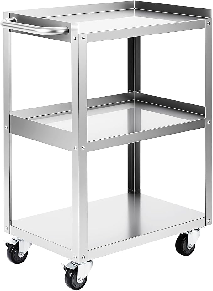Hally Stainless Steel Utility Cart 3 Tier NSF Rolling Carts 24" Lx16 Wx34 H | Commercial Heavy Duty Metal Mobile Food Cart, with Handle and Wheels, for Kitchen, Restaurant, Hospital, Laboratory and Home