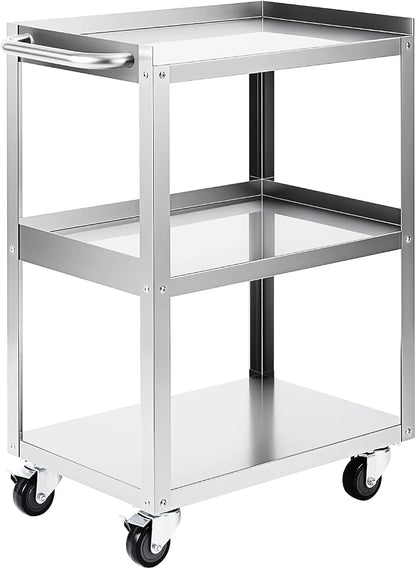 Hally Stainless Steel Utility Cart 3 Tier NSF Rolling Carts 24" Lx16 Wx34 H | Commercial Heavy Duty Metal Mobile Food Cart, with Handle and Wheels, for Kitchen, Restaurant, Hospital, Laboratory and Home