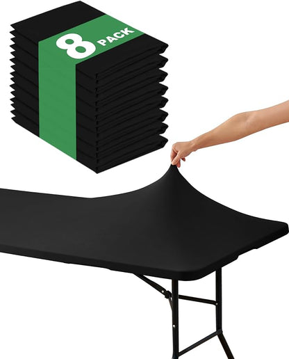 Fitted Tablecloth Rectangle Table Cloths with Elastic, 8 ft, Black, 8 Pack | For Outdoor Picnic Camping Party 8 foot Folding Spandex Table Covers, Water-Resistant, Windproof, Reusable, 96"L x 30"W