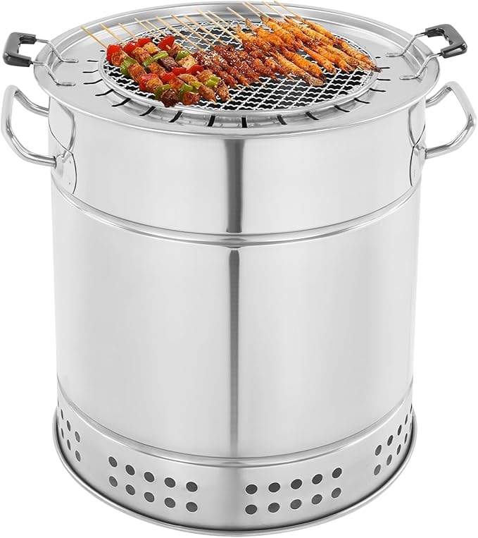 Surround Charcoal Grill, 2-In-1 Stainless Steel Smokeless Barbecue Hanging Grill with 28 Skewers, for Camping, Picnics, Parties, Beaches (Within 8 People)