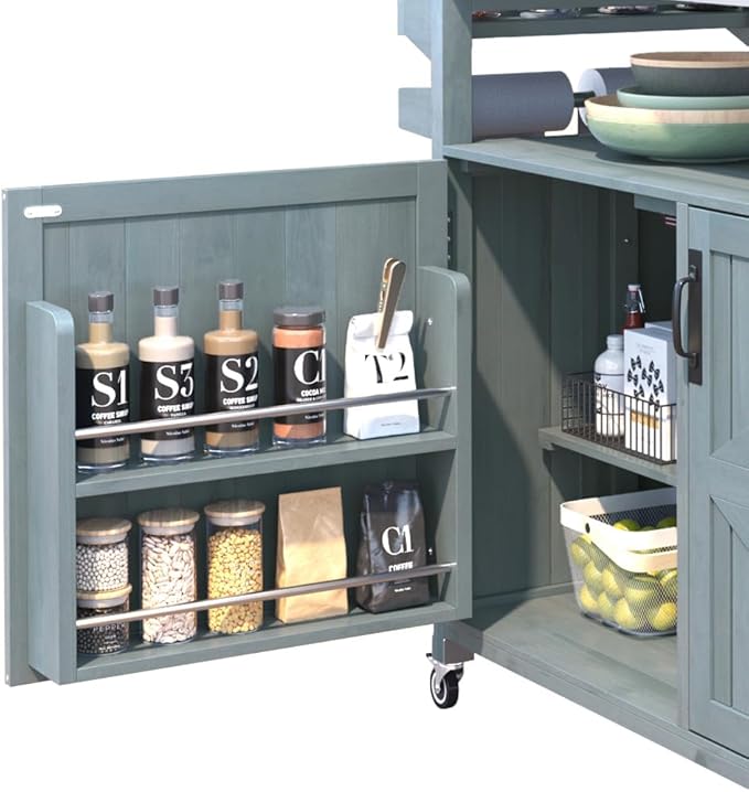 RUNNA Outdoor Kitchen Island with Raised Shelf,Solid Wood Storage Cabinet with Stainless Steel Top,Outdoor Rolling Grill Cart with Internal Storage Rack, Adjustable Shelf,Spice Rack (Grey+Blue#028)