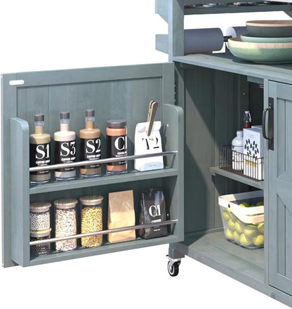RUNNA Outdoor Kitchen Island with Raised Shelf,Solid Wood Storage Cabinet with Stainless Steel Top,Outdoor Rolling Grill Cart with Internal Storage Rack, Adjustable Shelf,Spice Rack (Grey+Blue#028)