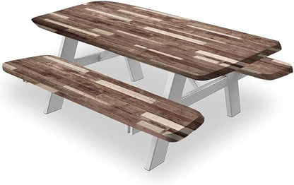 Wood Grain Picnic Table & Benches Cover, Floor Textured Planks Panels Rustic Hardwood, 28x72 Inch, 3-Piece Set, Elastic Edged Table Cover for Travel Christmas Picnics Parties Outdoor