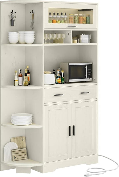 YITAHOME 67" Kitchen Hutch with Outlet, Shelves & Drawer, Off-White | Farmhouse Microwave Stand Buffet Coffee Bar for Living Room and Dining Room