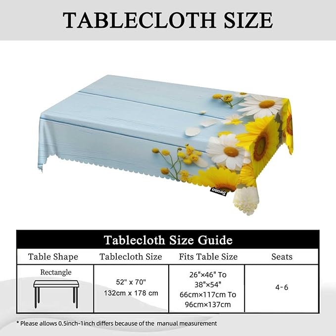 Swono Daisy Rectangular Tablecloth Garden Blossom Daisy Sunflowers Blue Wooden Washable Table Cloth Kitchen Dining Room Table Cover for Party Dinner 50x72 Inch Tablecloths
