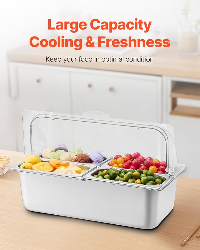 VEVOR Countertop Food Serving Display Container, 4 Pan Stainless Steel Food Serving Tray, Buffet Condiment Dispenser Display Rack with Clear Lid & 3 Freezer Boxes, for Restaurant Hotel Kitchen Party