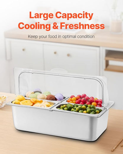 VEVOR Countertop Food Serving Display Container, 4 Pan Stainless Steel Food Serving Tray, Buffet Condiment Dispenser Display Rack with Clear Lid & 3 Freezer Boxes, for Restaurant Hotel Kitchen Party