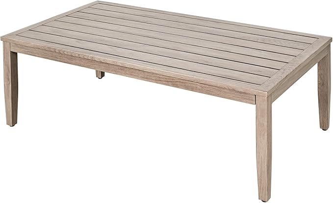 Never-Rust Aluminum Outdoor Coffee Table, All-Weather Patio Coffee Table with Faux Wood Grain Finish Frame, Rectangle Outdoor Table with Adjustable Feet for Garden, Porch, Backyard, Indoor