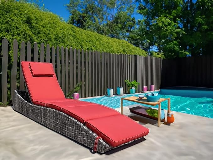 BTEXPERT Foldable Outdoor Chaise Pool Lounge Chair Folding Wicker Rattan Sun Bed Patio Couch Reclining Lounger Adjustable Padded Backrest Pillow Assembled - Red Burgundy