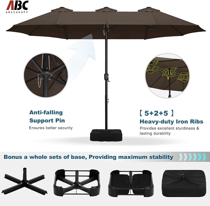 ABCCANOPY 15FT Double-Sided Rectangle Patio Umbrella with Base, Brown | Rectangular Outdoor Table Umbrella with Crank, Heavy Duty Market Umbrella Shade for Garden,Poolside, Lawn, Backyard