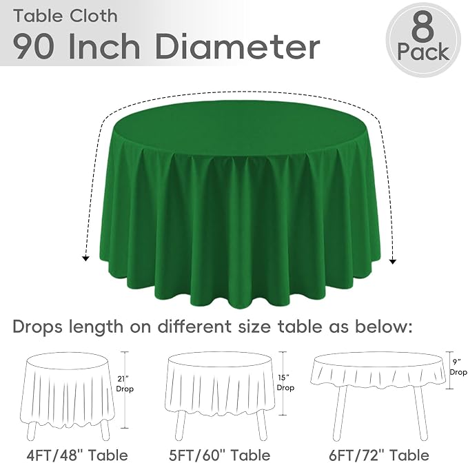 8 Pack Green Round Tablecloth 90 Inch | For 3Ft-5Ft Round Table, Wrinkle Resistant Table Cloth, Washable Polyester Fabric, For Wedding Party Banquet Buffet Camping