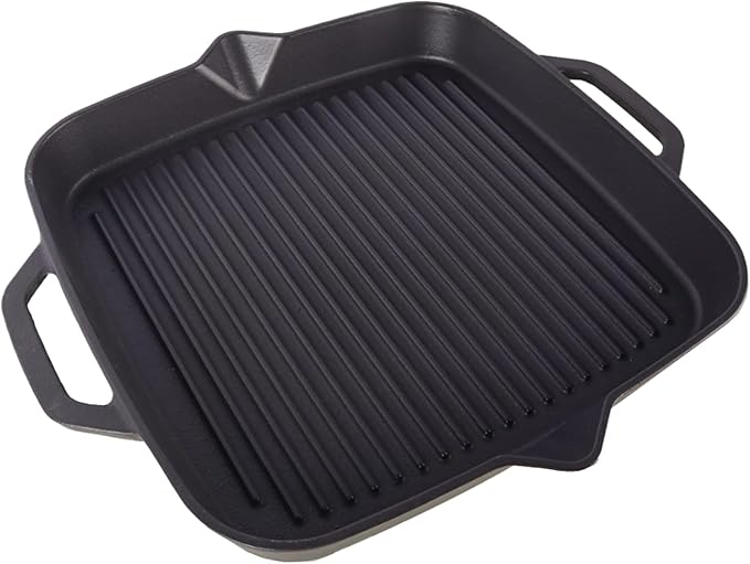 11" Cast Iron Square Grill Pan, Professional Pre-Seasoned Griddle with Handles, Heavy Duty Cooking Skillet, Induction Compatible, Suitable for Stovetop, Oven, BBQ & Fire, Indoor Outdoor Use