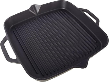 11" Cast Iron Square Grill Pan, Professional Pre-Seasoned Griddle with Handles, Heavy Duty Cooking Skillet, Induction Compatible, Suitable for Stovetop, Oven, BBQ & Fire, Indoor Outdoor Use