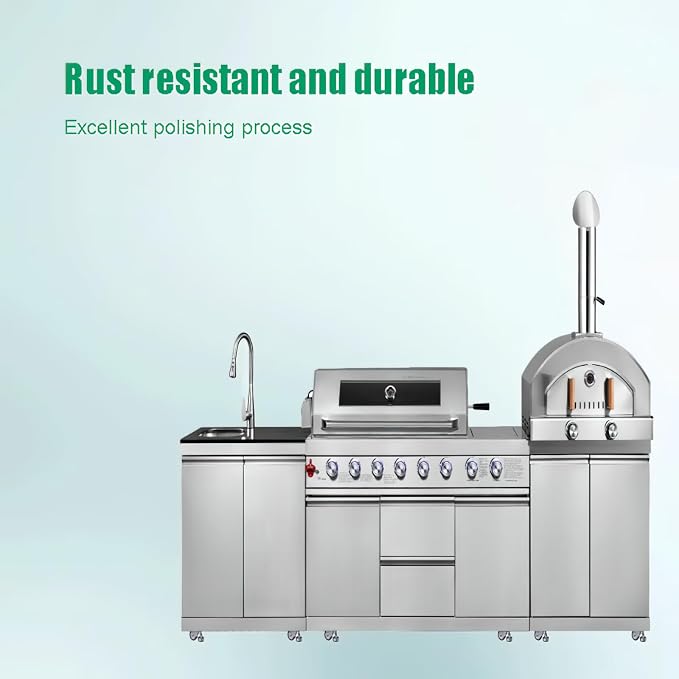 Kitchen outdoor module combination barbecue grill with gas pizza stove and sink module, stainless steel, 3-piece set